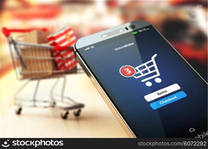 Online shopping concept nackground. Mobile phone or smartphone with cart and boxes and bag. 3d
