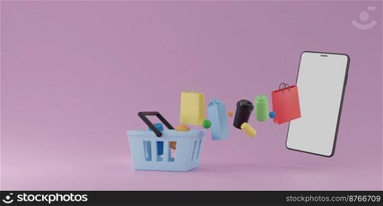 Online shopping concept with grocery fly or levitate from smartphone to basket on pink background 3D rendering illustration