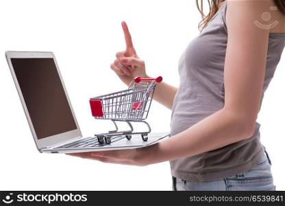 Online shopping concept with laptop and trolley