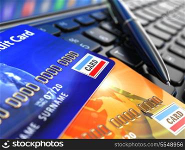 Online shopping. Credit card on laptop keyboard. E-commerce. 3d
