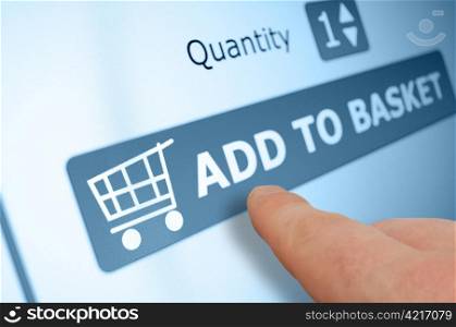 Online Shopping - Finger Pushing Add To Basket Button On Touchscreen