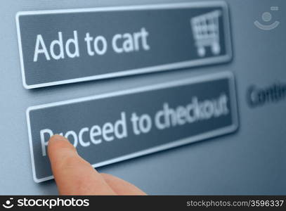 Online Shopping - Finger Pushing Add To Cart Button On Touchscreen