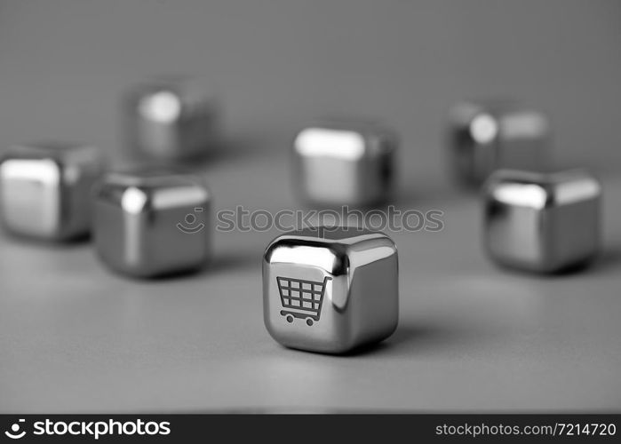 Online shopping icon on metal cube for futuristic & creative style