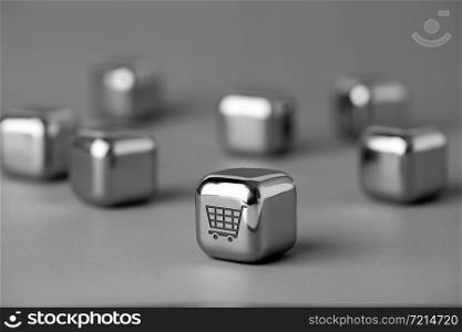 Online shopping icon on metal cube for futuristic & creative style