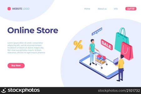Online shopping isometric landing page, shop or store. Illustration of online store, website on phone app concept vector. Online shopping isometric landing page, shop or store