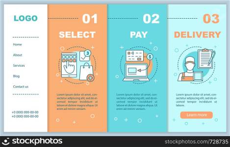 Online shopping onboarding mobile web pages screens vector template. Internet store graphic steps. Responsive smartphone website interface idea with linear illustrations. Webpages color concept . Online shopping onboarding mobile web pages screens vector templ
