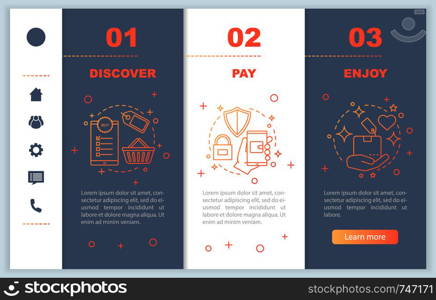 Online shopping onboarding mobile web pages vector template. Digital purchase. Discover deal, pay, enjoy. Responsive smartphone website interface. Webpage walkthrough step screens. Color concept. Online shopping onboarding mobile web pages vector template