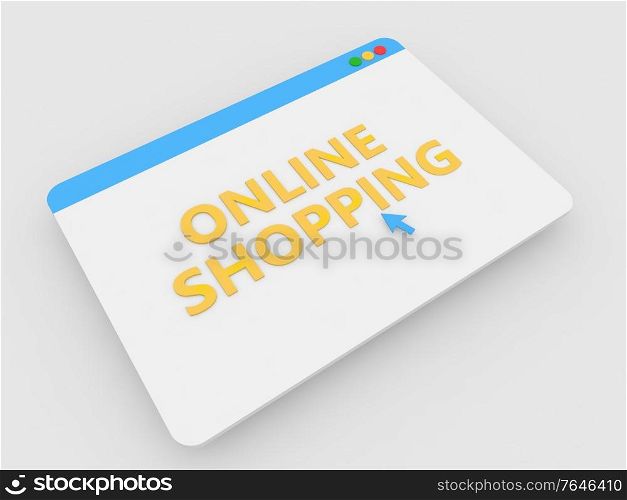 Online shopping page of internet browser on gray background. 3d render illustration.. Online shopping page of internet browser on gray background.