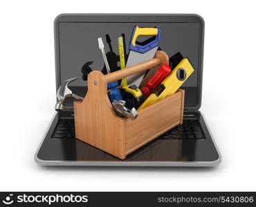 Online support. Laptop and toolbox on white isolated background. 3d