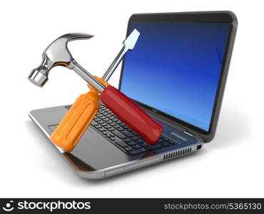 Online support. Laptop with screwdriver and hammer. 3d