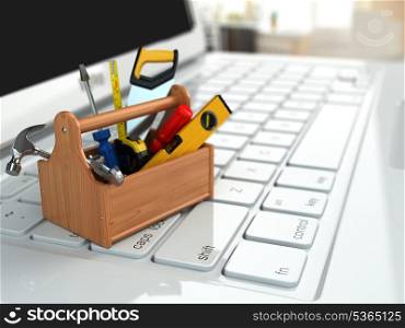 Online support. Toolbox with tools on laptop. 3d