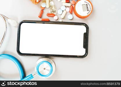 online telemedicine concept, stethoscope and pc keyboard with modern phone, medical app mock up. online medicine concept