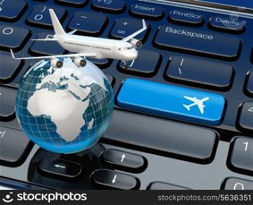 Online ticket booking. Airplane and earth on laptop keyboard. 3d