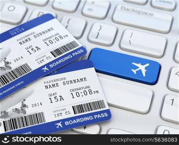 Online ticket booking. Boarding pass on laptop keyboard. 3d