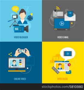 Online video blog design concept set with blogger media flat icons isolated isolated vector illustration. Video Blog Flat Set