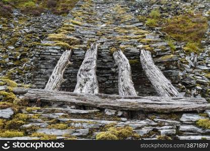 Only remaining wood bridge of gravity incline Cwm Penmachno Slate Quarry, Snowdonia, Wales, United Kingdom