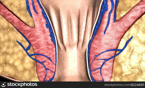 Onset of hemorrhoids, anal canal 3d illustration. Onset of hemorrhoids, anal canal