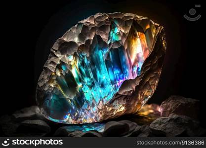 Opal crystal, artificial illustration of the shimmering mineral, arranged and presented in a dark cave, made with generative ai
