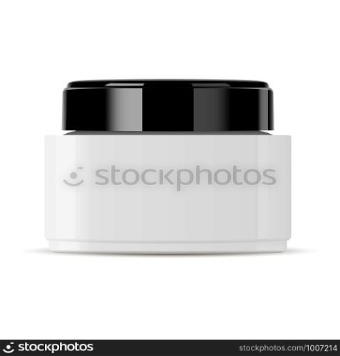 Opaque Glass Jar for Cosmetic Cream with Black Glossy Plastic Cap. Luxury Brand Premium Powder Beauty Container. Realistic 3d Creme Packaging Mockup Template. Facial Product Illustration.. Glass Jar for Cosmetic Cream. Black Plastic Lid.