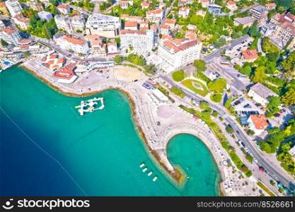 Opatija beach. Town of Opatija Slatina beach and waterfront aerial view, Kvarner bay of Croatia