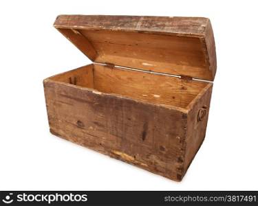 open ancient wooden treasure chest isolated on white background, studio shot
