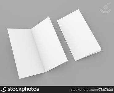 Open and closed brochure mockup on gray background. 3d render illustration.. Open and closed brochure mockup on gray background.