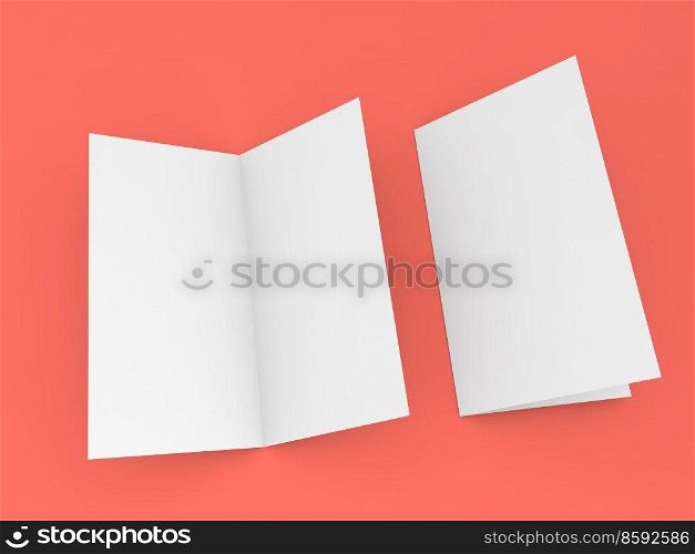 Open and closed brochure mockup on red background. 3d render illustration.