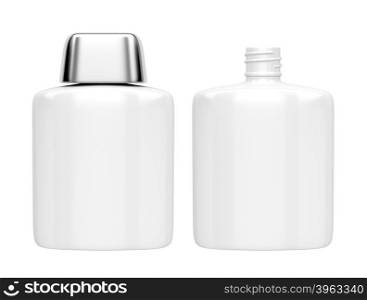 Open and closed containers for aftershave lotion or perfume, isolated on white
