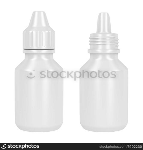 Open and closed containers for eye drop, isolated on white