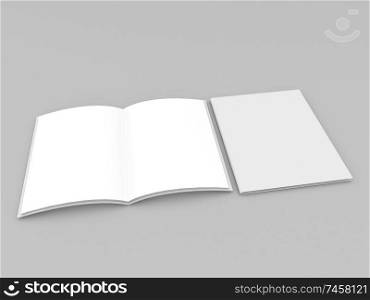 Open and closed empty notebooks on a gray background. 3d render illustration.. Open and closed empty notebooks on a gray background.