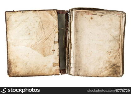 open antique book with grungy pages isolated on white background