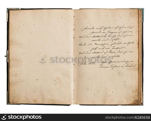 open antiquebook with old undefined text isolated on white background
