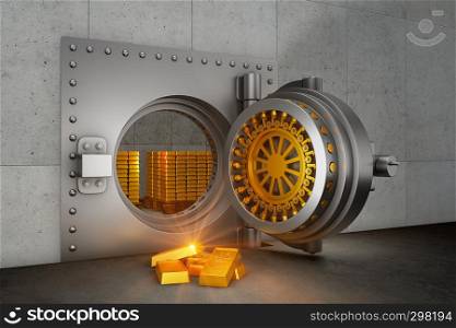 Open bank safe armored door and gold bars. 3d render