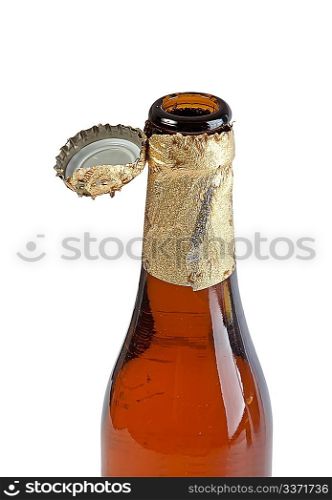 Open beer bottle with cover isolated on white background