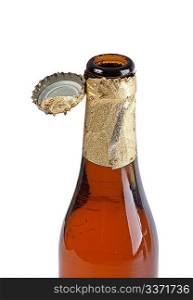 Open beer bottle with cover isolated on white background