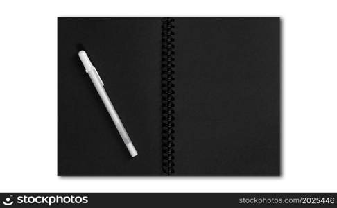 open black notebook with blank pages and White pencil isolated on white background