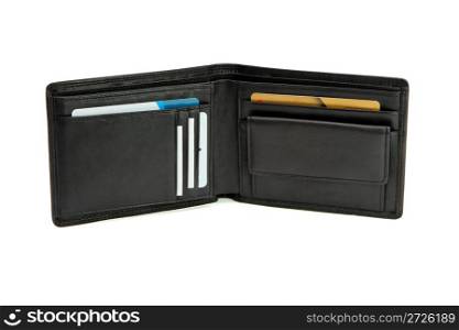 Open black wallet with colorful and white business cards isolated
