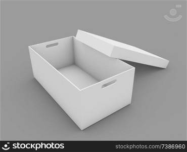 Open blank box mockup on white background. 3d render illustration.. Open blank box mockup .