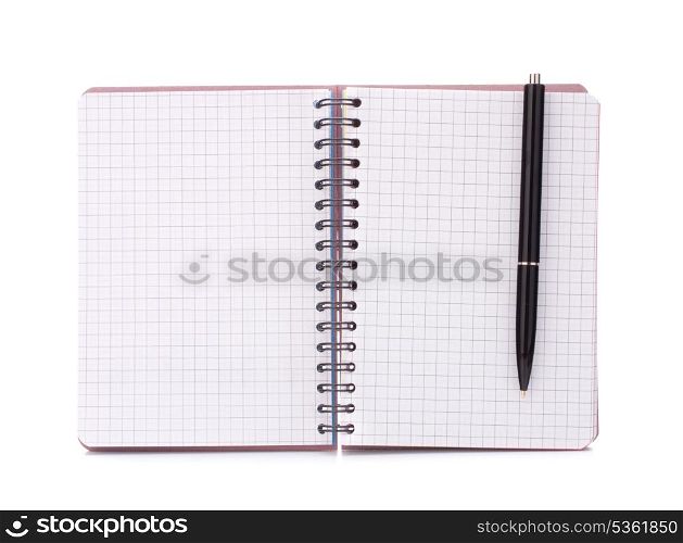 Open blank checked notebook with black pen isolated on white background cutout
