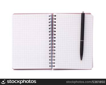 Open blank checked notebook with black pen isolated on white background cutout