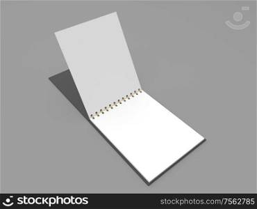 Open blank notebook on a gray background. 3d render illustration.. Open blank notebook on a gray background.