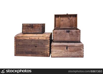 open blank treasure chest and group of closed treasure chest on white background