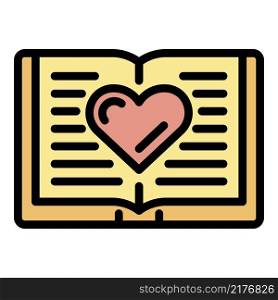 Open book and big heart icon. Outline open book and big heart vector icon color flat isolated. Open book and big heart icon color outline vector