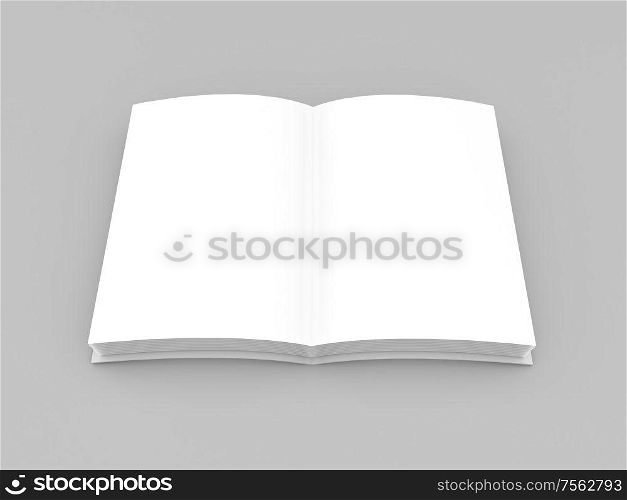Open book mock up on gray background. 3d render illustration.. Open book mock up on gray background.