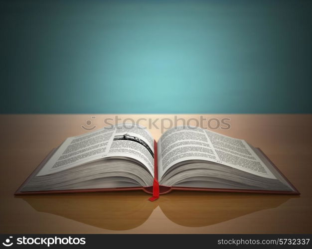 Open book on green vintage background. 3d