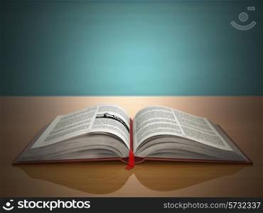 Open book on green vintage background. 3d