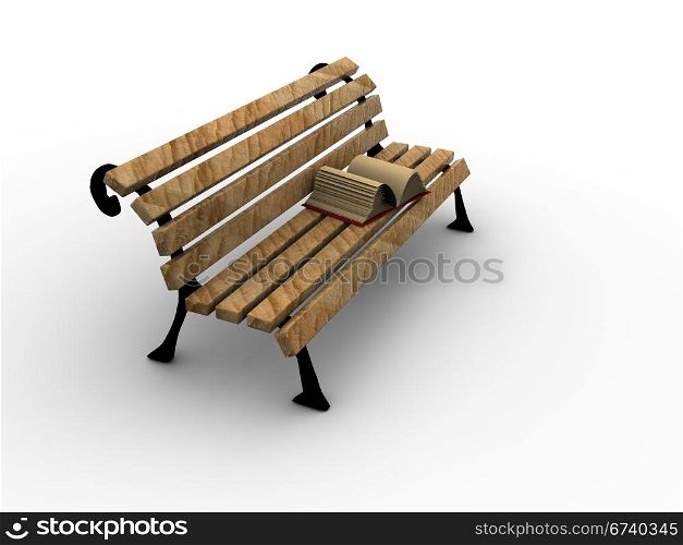 Open book on wooden bench. 3d