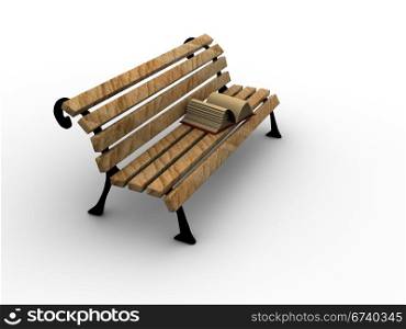 Open book on wooden bench. 3d