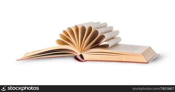 Open book with folded pages rotated isolated on white background