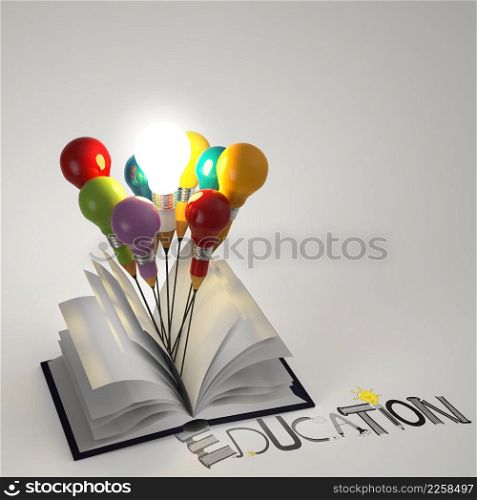 open book with pencil lightbulb 3d and design word EDUCATION as concept